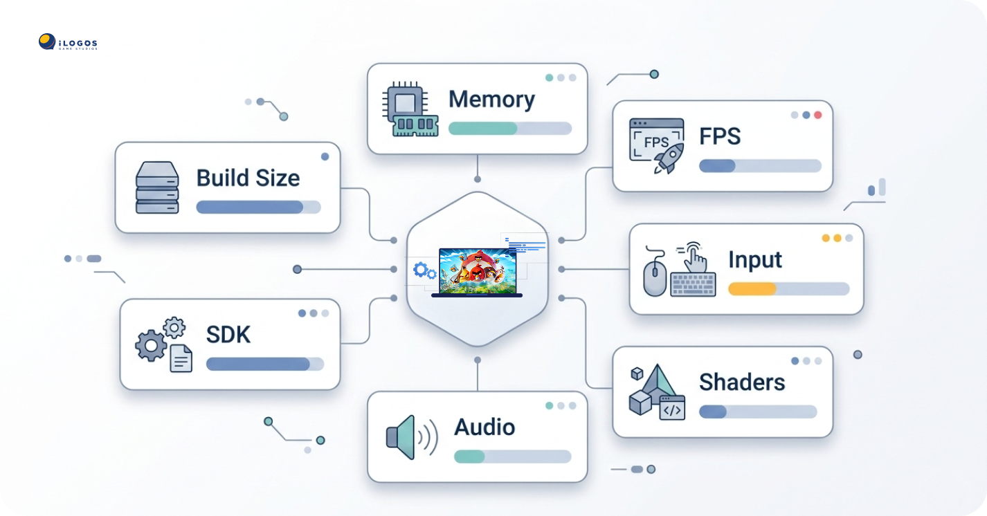 Diagram showing key technical challenges of mobile-to-web game porting including build size, memory, FPS performance, input systems, shaders, audio, and SDK integration surrounding a central web game.