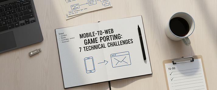 Developer workspace with notebook titled “Mobile-to-Web Game Porting: 7 Technical Challenges” illustrating the process of converting a mobile game into a web game.