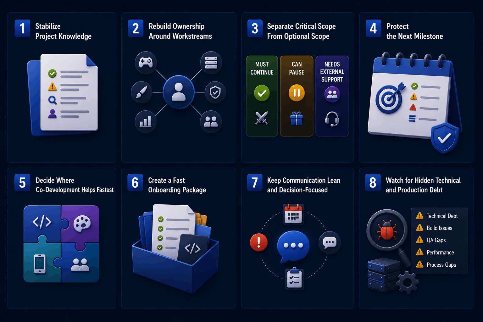 Eight-step game project recovery plan after team restructuring showing knowledge transfer, scope triage, milestone protection, co-development support, onboarding and production continuity.