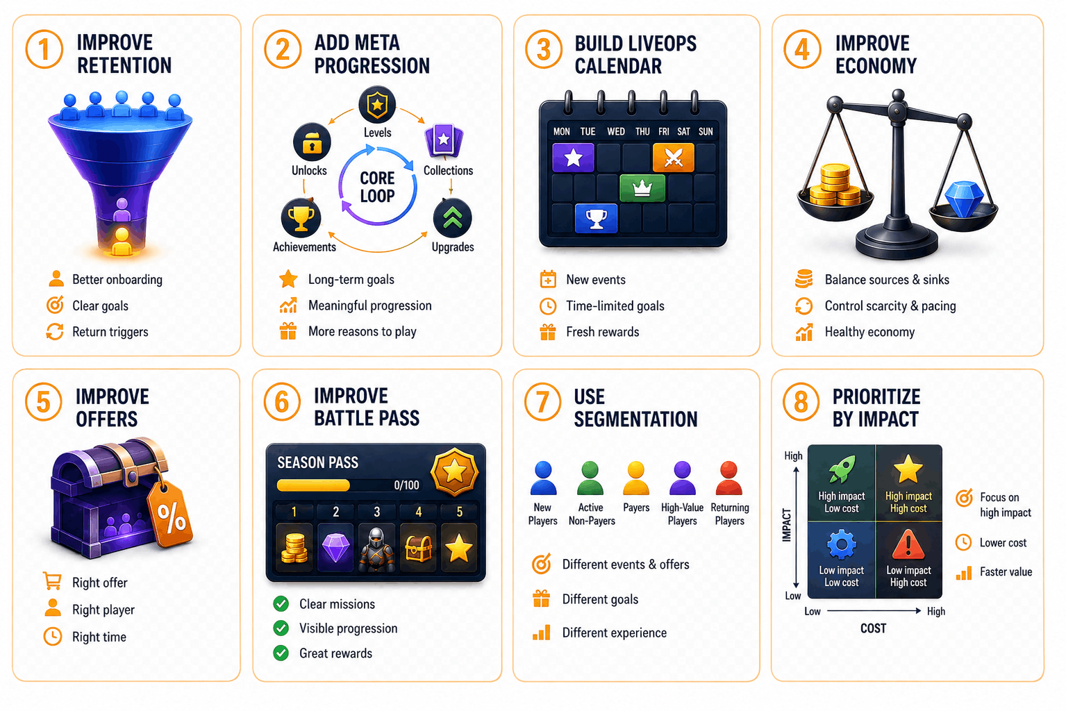 Infographic showing eight product-focused ways to increase mobile game revenue without increasing user acquisition spend, including retention, meta progression, LiveOps, economy, offers, battle pass, segmentation, and impact prioritization.