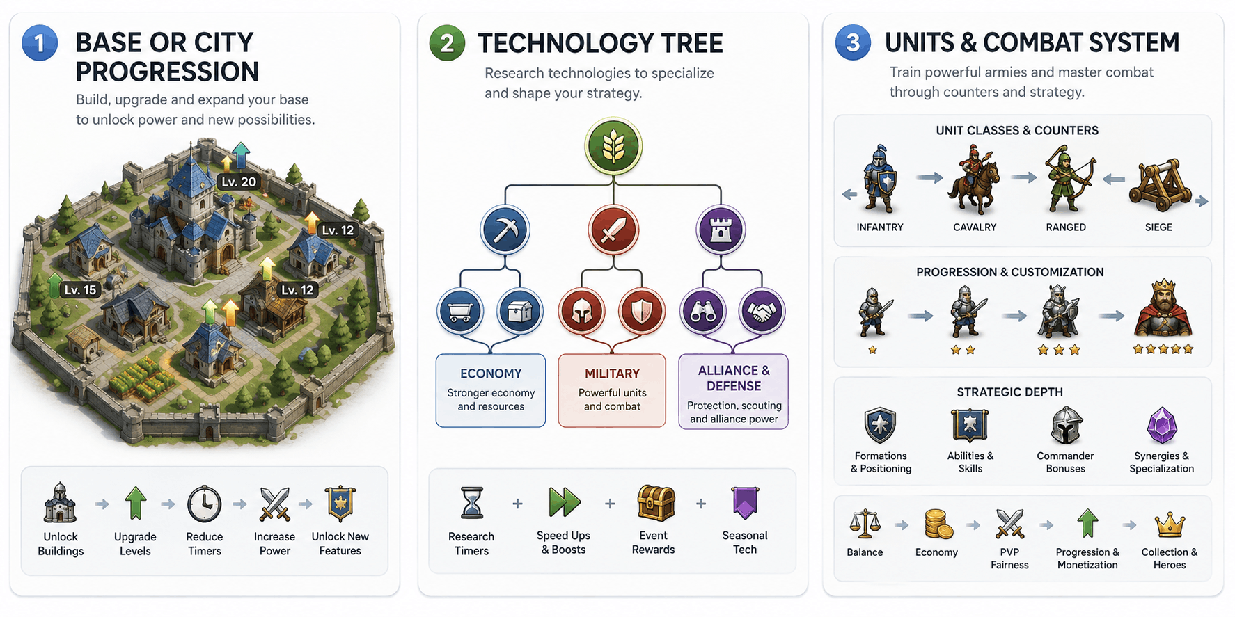 Mobile strategy game development systems showing base progression, technology tree, units and combat mechanics.