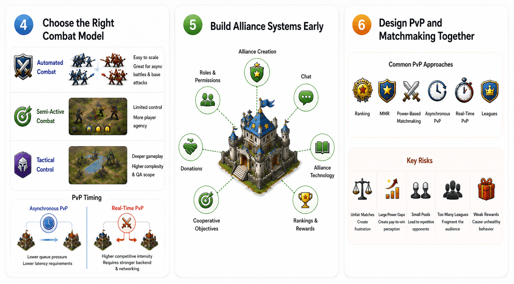Mobile strategy game mechanics showing combat models, alliance systems, PvP matchmaking and multiplayer strategy features.